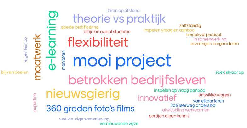 Woordwolk met meerdere woorden over digitale bijeenkomst lerend netwerk flexibel onderwijs voor mbo